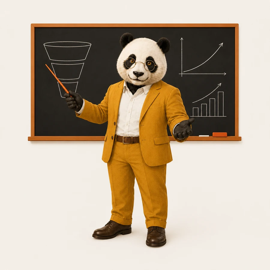 POMA, el panda de OMA, dando clase como docente de OMA Academy